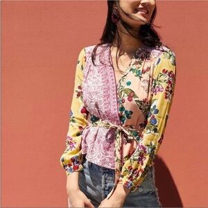 Anthropologie Floral Wrap Top - Pink and Yellow